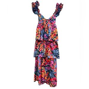 NWT Stile by Per Lei MEDIUM Tiered Floral Maxi Dress Multi OLIVACEOUS Ruffles